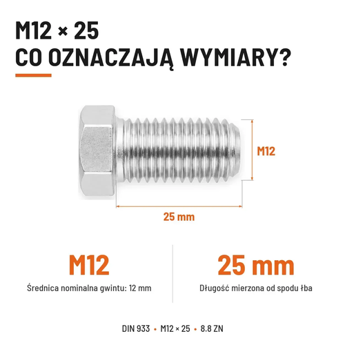 Śruba sześciokątna DIN 933 M12x25 pełny gwint 8.8 ocynkowana