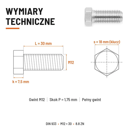 Śruba sześciokątna DIN 933 M12x30 pełny gwint 8.8 ocynkowana