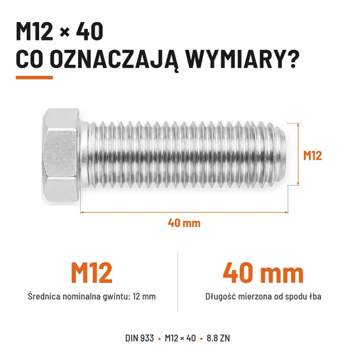 Śruba sześciokątna DIN 933 M12x40 pełny gwint 8.8 ocynkowana
