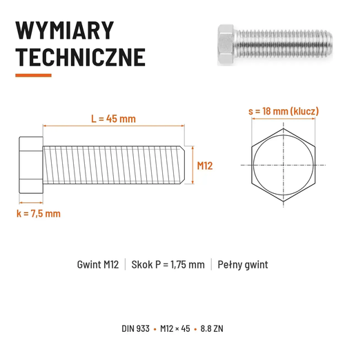 Śruba sześciokątna DIN 933 M12x45 pełny gwint 8.8 ocynkowana