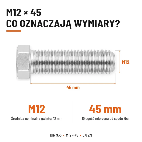 Śruba sześciokątna DIN 933 M12x45 pełny gwint 8.8 ocynkowana