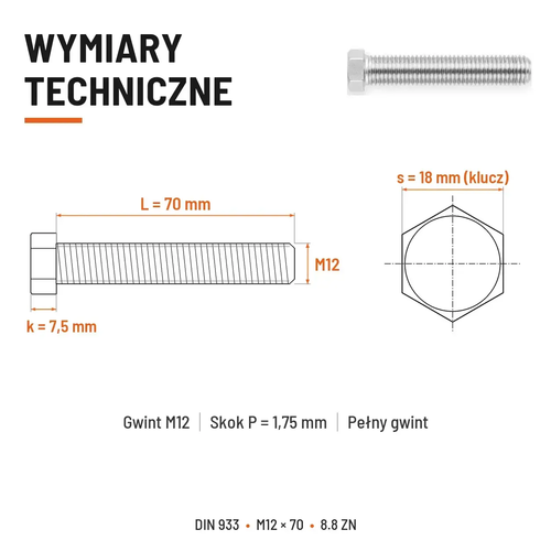 Śruba sześciokątna DIN 933 M12x70 pełny gwint 8.8 ocynkowana