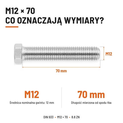Śruba sześciokątna DIN 933 M12x70 pełny gwint 8.8 ocynkowana