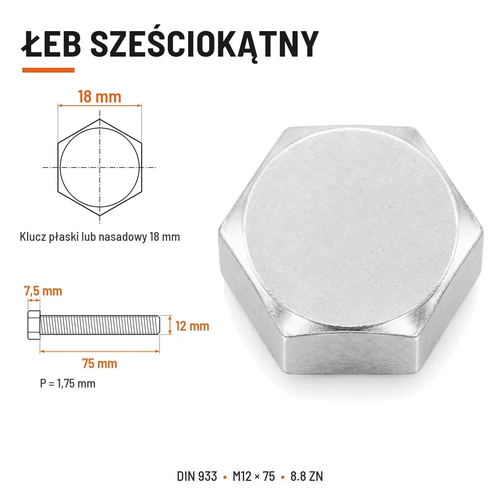 Śruba sześciokątna DIN 933 M12x75 pełny gwint 8.8 ocynkowana