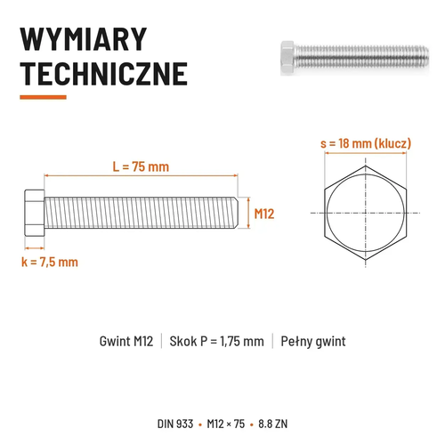 Śruba sześciokątna DIN 933 M12x75 pełny gwint 8.8 ocynkowana
