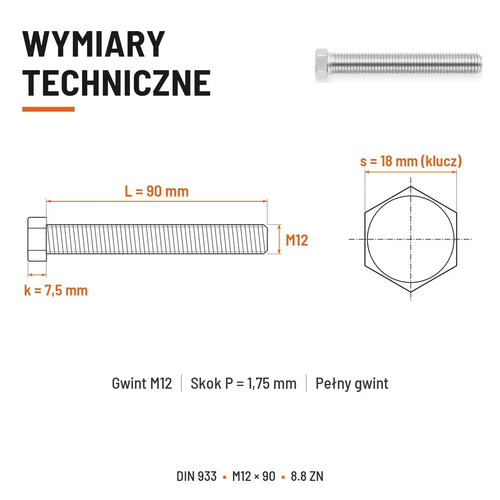 Śruba sześciokątna DIN 933 M12x90 pełny gwint 8.8 ocynkowana