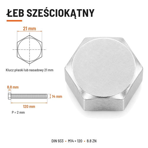 Śruba sześciokątna DIN 933 M14x120 pełny gwint 8.8 ocynkowana