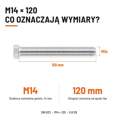 Śruba sześciokątna DIN 933 M14x120 pełny gwint 8.8 ocynkowana