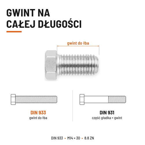 Śruba sześciokątna DIN 933 M14x30 pełny gwint 8.8 ocynkowana