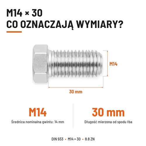 Śruba sześciokątna DIN 933 M14x30 pełny gwint 8.8 ocynkowana