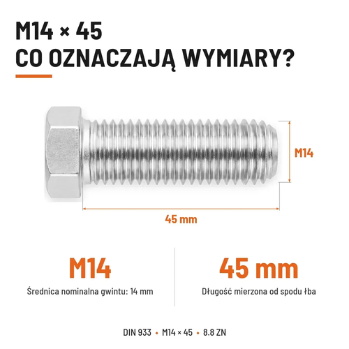 Śruba sześciokątna DIN 933 M14x45 pełny gwint 8.8 ocynkowana