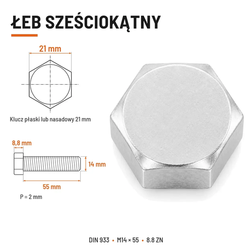 Śruba sześciokątna DIN 933 M14x55 pełny gwint 8.8 ocynkowana