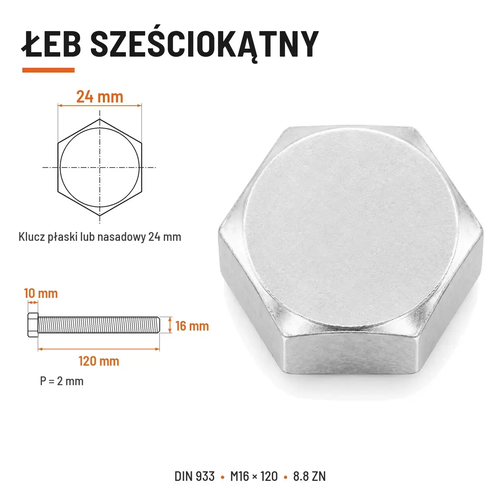 Śruba sześciokątna DIN 933 M16x120 pełny gwint 8.8 ocynkowana