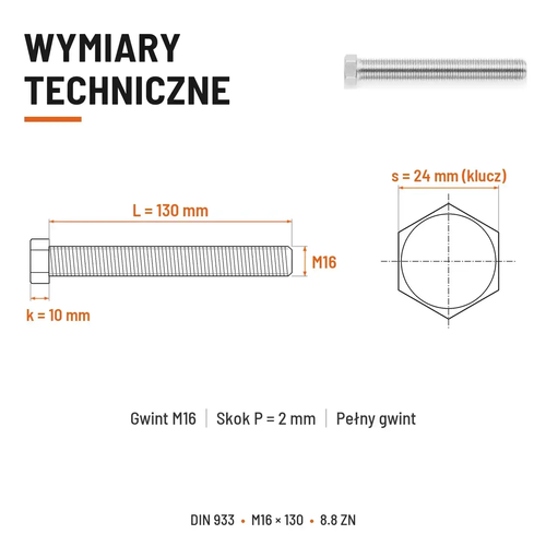 Śruba sześciokątna DIN 933 M16x130 pełny gwint 8.8 ocynkowana