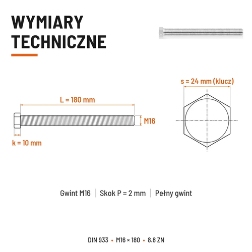 Śruba sześciokątna DIN 933 M16x180 pełny gwint 8.8 ocynkowana