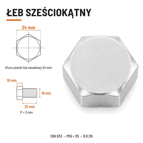 Śruba sześciokątna DIN 933 M16x25 pełny gwint 8.8 ocynkowana