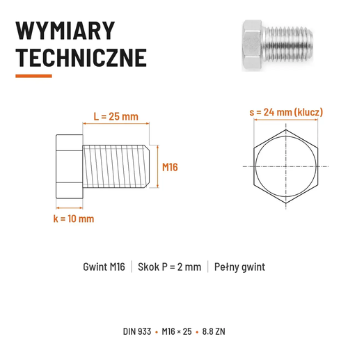 Śruba sześciokątna DIN 933 M16x25 pełny gwint 8.8 ocynkowana