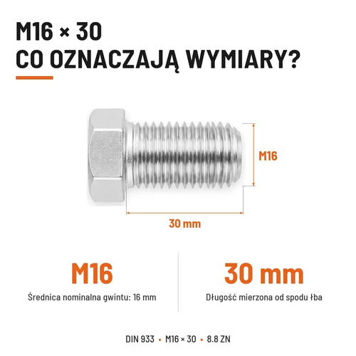 Śruba sześciokątna DIN 933 M16x30 pełny gwint 8.8 ocynkowana