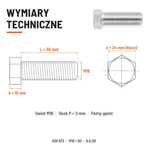 Śruba sześciokątna DIN 933 M16x50 pełny gwint 8.8 ocynkowana
