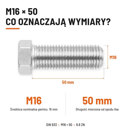 Śruba sześciokątna DIN 933 M16x50 pełny gwint 8.8 ocynkowana