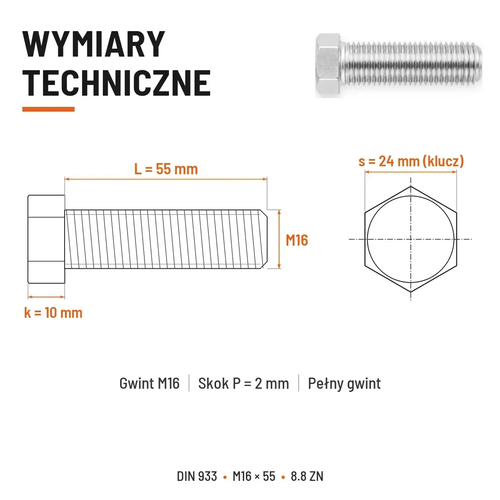 Śruba sześciokątna DIN 933 M16x55 pełny gwint 8.8 ocynkowana