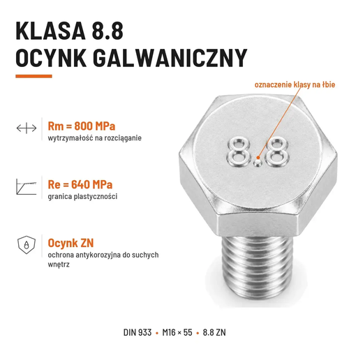 Śruba sześciokątna DIN 933 M16x55 pełny gwint 8.8 ocynkowana