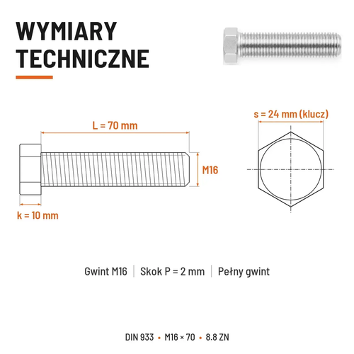 Śruba sześciokątna DIN 933 M16x70 pełny gwint 8.8 ocynkowana