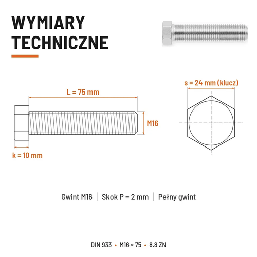 Śruba sześciokątna DIN 933 M16x75 pełny gwint 8.8 ocynkowana