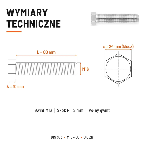 Śruba sześciokątna DIN 933 M16x80 pełny gwint 8.8 ocynkowana