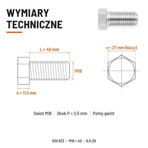 Śruba sześciokątna DIN 933 M18x40 pełny gwint 8.8 ocynkowana