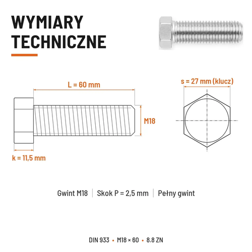 Śruba sześciokątna DIN 933 M18x60 pełny gwint 8.8 ocynkowana