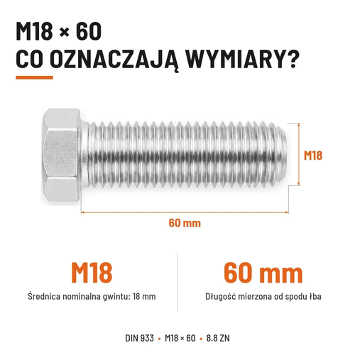 Śruba sześciokątna DIN 933 M18x60 pełny gwint 8.8 ocynkowana