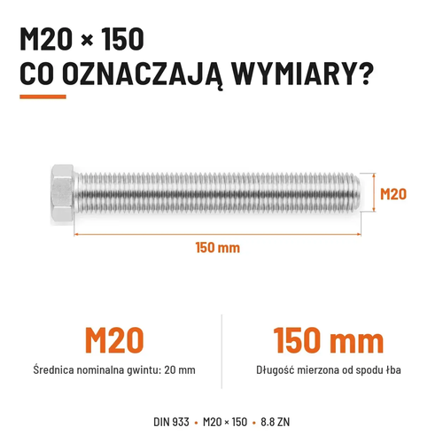 Śruba sześciokątna DIN 933 M20x150 pełny gwint 8.8 ocynkowana