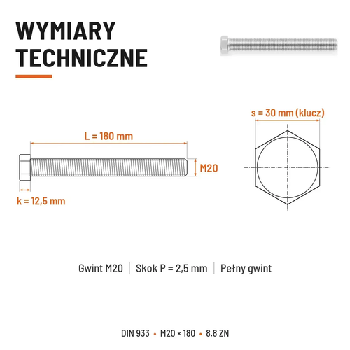 Śruba sześciokątna DIN 933 M20x180 pełny gwint 8.8 ocynkowana
