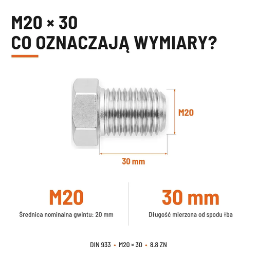 Śruba sześciokątna DIN 933 M20x30 pełny gwint 8.8 ocynkowana