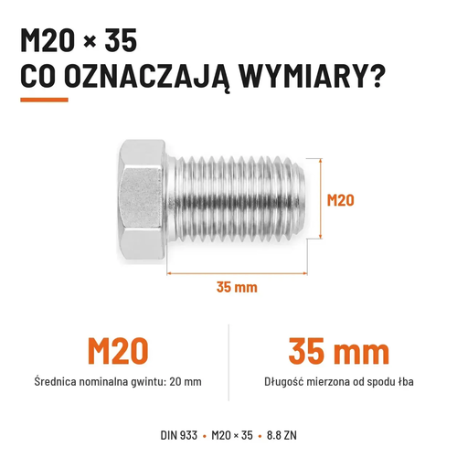 Śruba sześciokątna DIN 933 M20x35 pełny gwint 8.8 ocynkowana