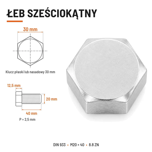 Śruba sześciokątna DIN 933 M20x40 pełny gwint 8.8 ocynkowana