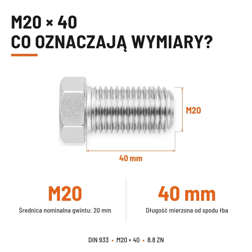Śruba sześciokątna DIN 933 M20x40 pełny gwint 8.8 ocynkowana