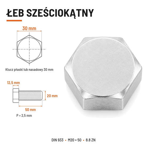 Śruba sześciokątna DIN 933 M20x50 pełny gwint 8.8 ocynkowana