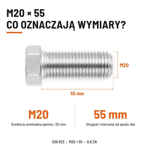Śruba sześciokątna DIN 933 M20x55 pełny gwint 8.8 ocynkowana
