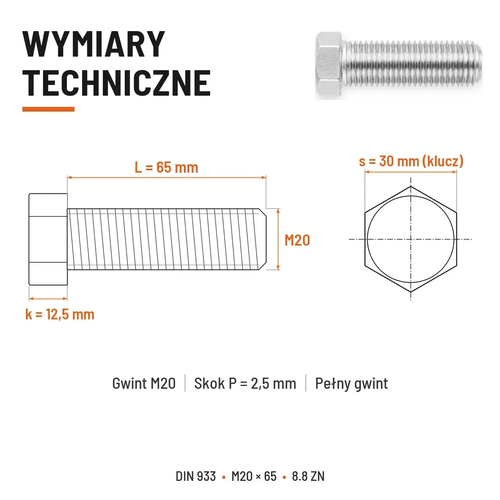 Śruba sześciokątna DIN 933 M20x65 pełny gwint 8.8 ocynkowana