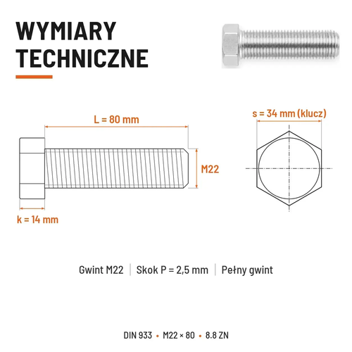 Śruba sześciokątna DIN 933 M22x80 pełny gwint 8.8 ocynkowana