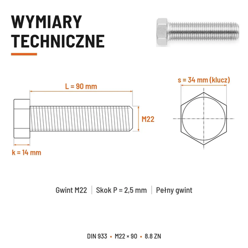 Śruba sześciokątna DIN 933 M22x90 pełny gwint 8.8 ocynkowana