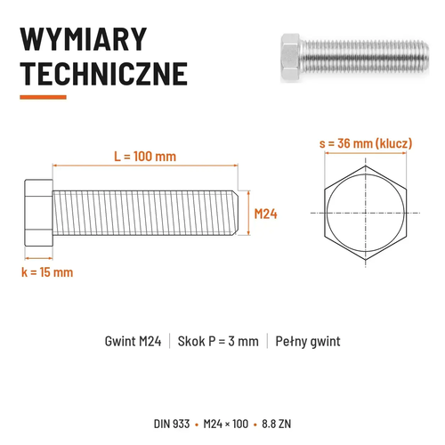 Śruba sześciokątna DIN 933 M24x100 pełny gwint 8.8 ocynkowana