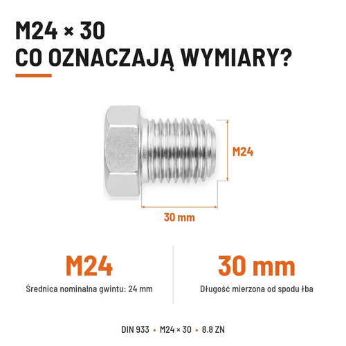 Śruba sześciokątna DIN 933 M24x30 pełny gwint 8.8 ocynkowana