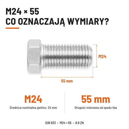 Śruba sześciokątna DIN 933 M24x55 pełny gwint 8.8 ocynkowana