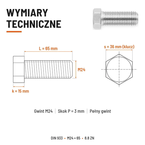 Śruba sześciokątna DIN 933 M24x65 pełny gwint 8.8 ocynkowana