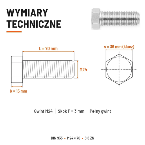 Śruba sześciokątna DIN 933 M24x70 pełny gwint 8.8 ocynkowana