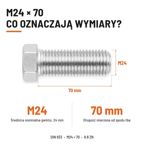 Śruba sześciokątna DIN 933 M24x70 pełny gwint 8.8 ocynkowana