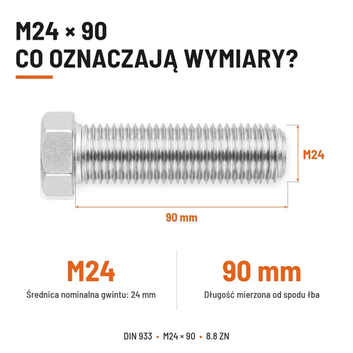 Śruba sześciokątna DIN 933 M24x90 pełny gwint 8.8 ocynkowana